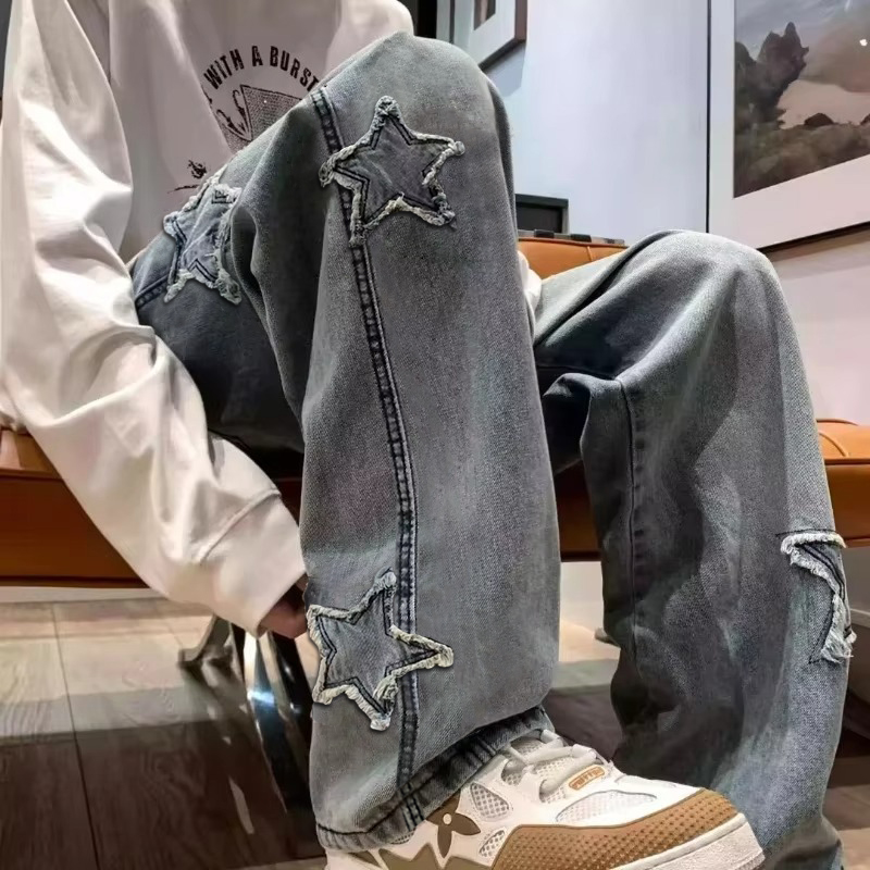 Men'S Fashion With Baggy Jeans - New Men's Star Embroidered Fashion Baggy