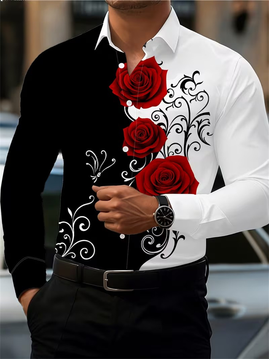 Men'S Fashion Course - Men's Red Rose Print Long-Sleeve Shirt,